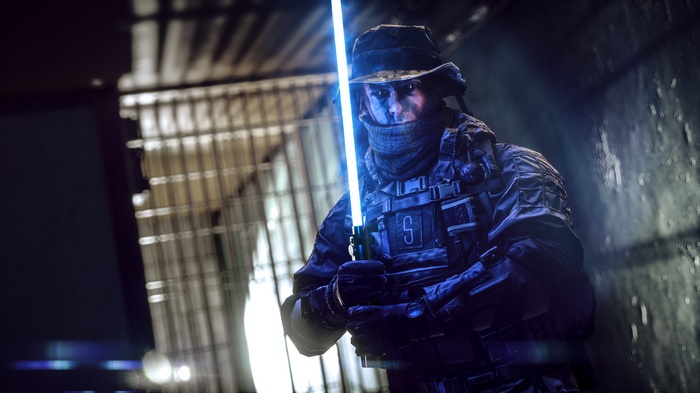 Soldier with a blue lightsaber