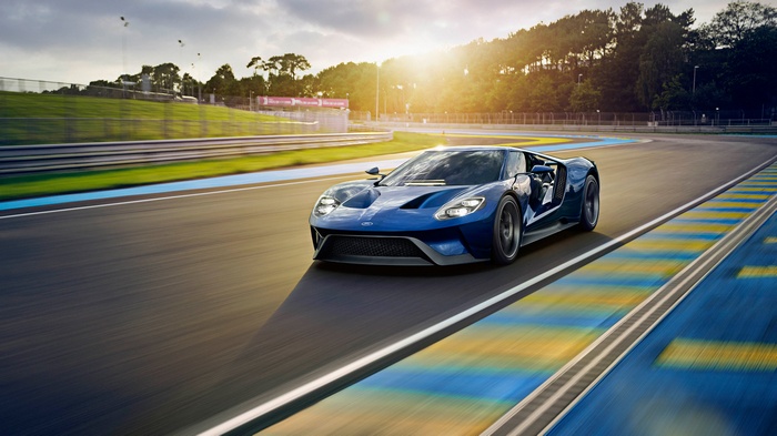 Blue Ford GT on a race track