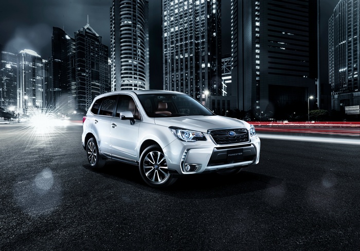 White Subaru Forester 2017 SUV in City at Night