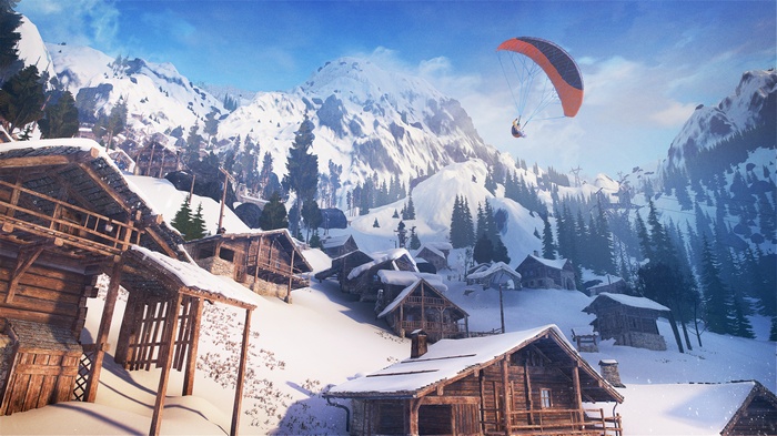 Steep video game paragliding over snowy village