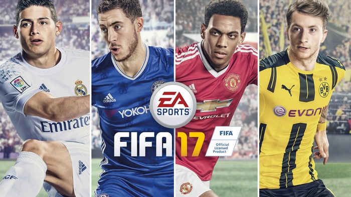 FIFA 17 EA Sports featuring James Rodriguez, Eden Hazard, Anthony Martial, and Marco Reus