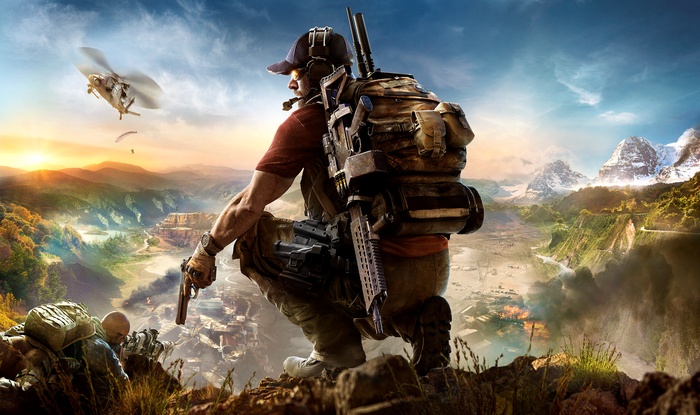 Ghost Recon Wildlands soldier with helicopter and mountains