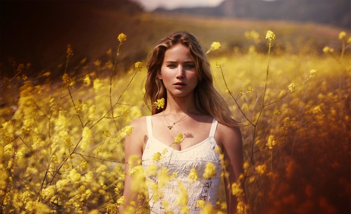 Jennifer Lawrence in a field of yellow flowers for Marie Claire