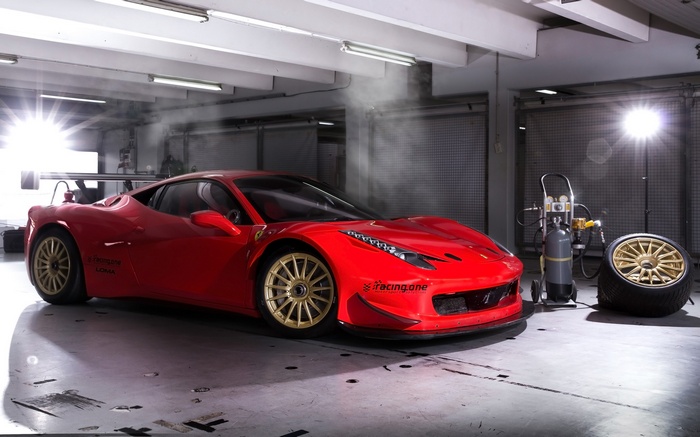 Red Ferrari 458 with Racing One Livery in Garage