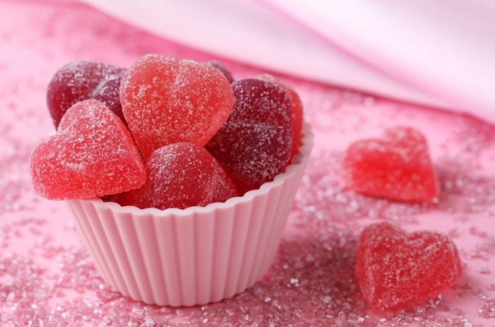 Heart-shaped fruit jellies in a pink cupcake liner