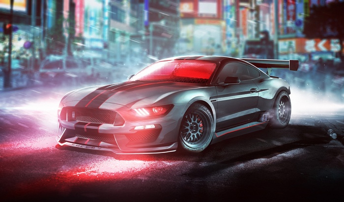Ford Mustang GT350R with red accents in a city