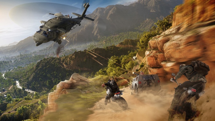 Ghost Recon Wildlands helicopter and vehicles in mountains