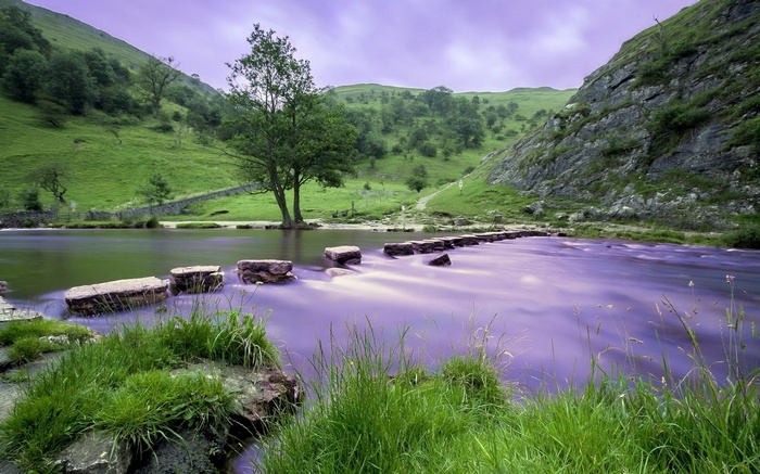 Stepping stones across a purple river in a green valley