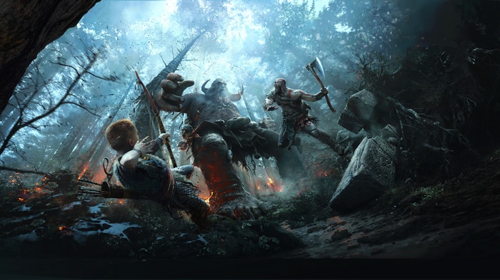 Kratos and Atreus fight a giant in God of War
