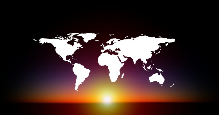 World Map with Sunrise Background