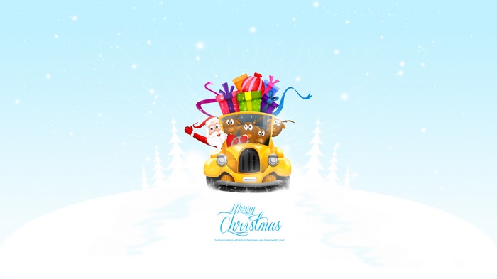 Santa Claus and reindeer in a car with presents