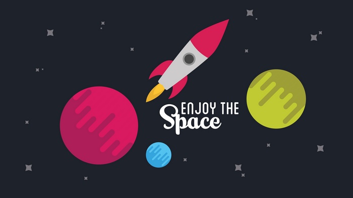 Rocket ship and planets in space with text