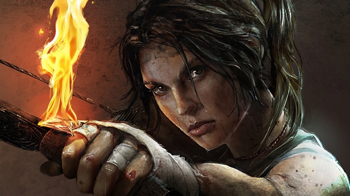 Lara Croft from Tomb Raider with flaming arrow