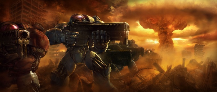 Starcraft 2 soldiers in a post-apocalyptic landscape with nuclear explosion