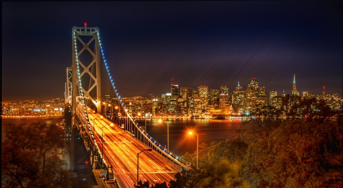 4K Bay Bridge and San Francisco Skyline at Night