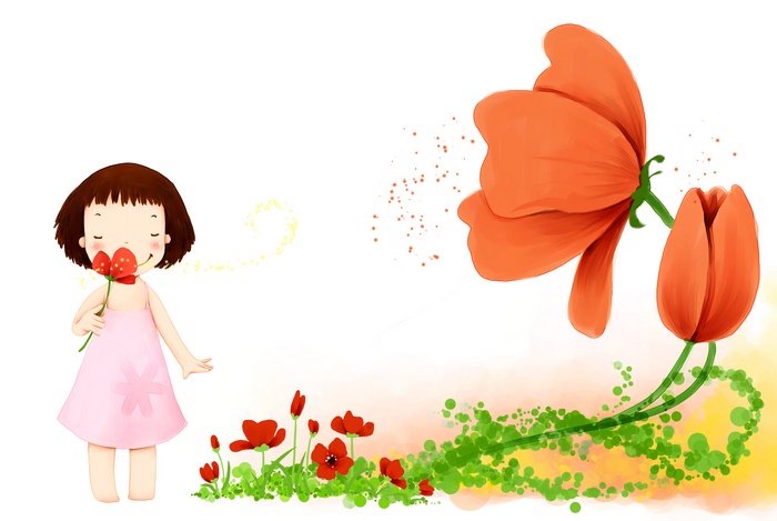 Cute girl smelling a flower with large orange flowers