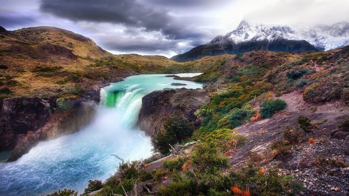 Waterfall and Snowy Mountains in Patagonia