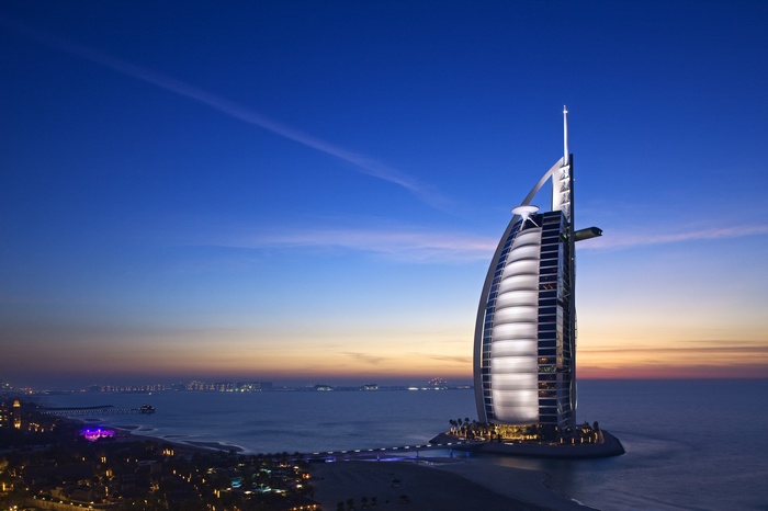 Illuminated Burj Al Arab Hotel at Dusk Dubai