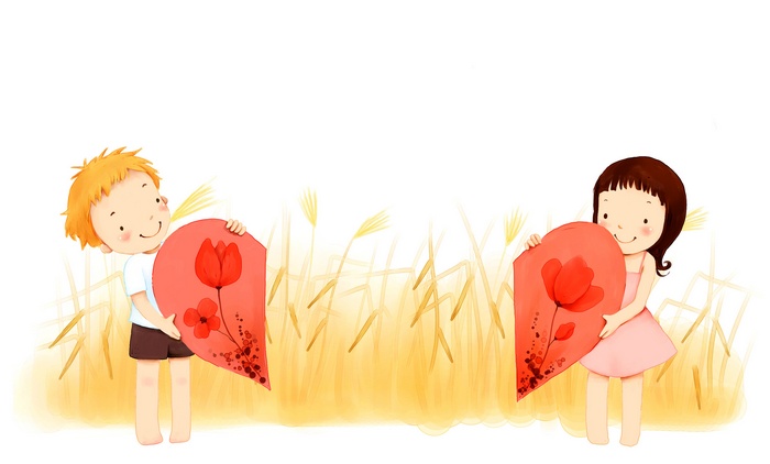 Boy and Girl Holding Heart-Shaped Flowers