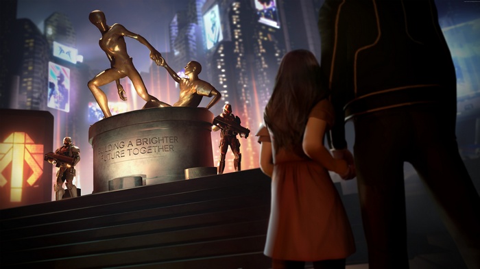 XCOM 2 statue with soldiers and civilians