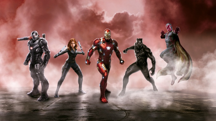 War Machine, Black Widow, Iron Man, Black Panther, and Vision