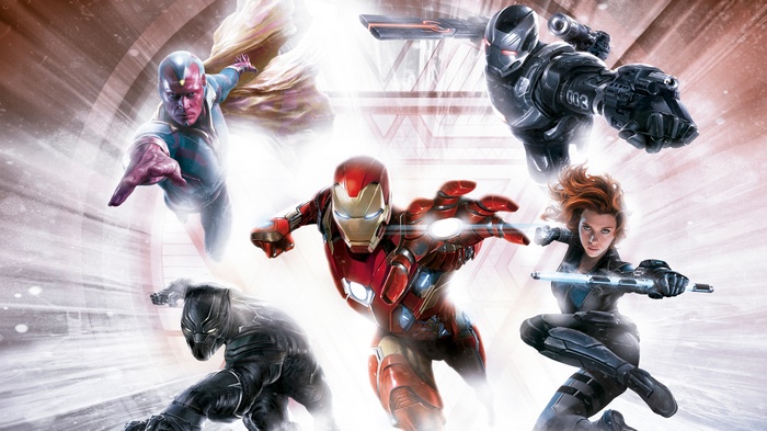 Iron Man, Black Widow, Vision, War Machine, and Black Panther from Civil War