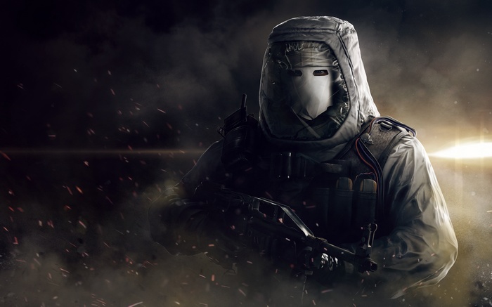 Bomber in White Mask and Tactical Gear in Smoke