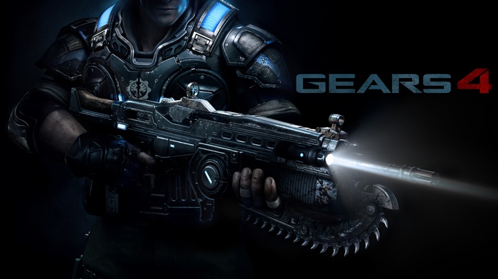 Gears 4 character holding a Lancer rifle