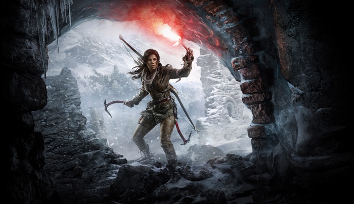 Lara Croft from Rise of the Tomb Raider holding a flare