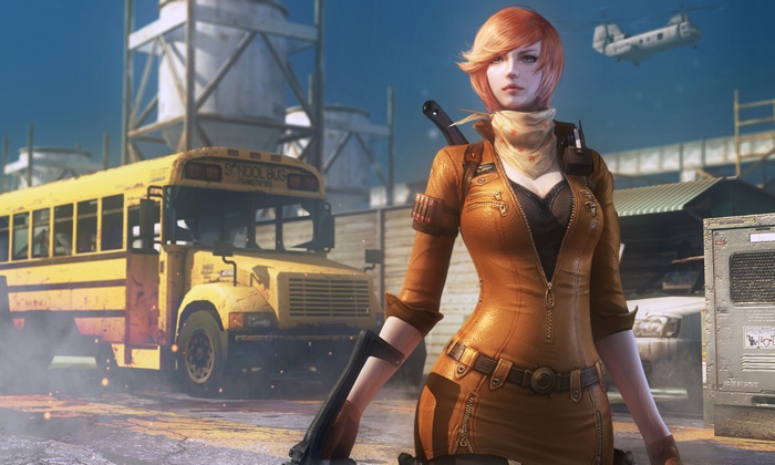 Girl from CrossFire with a school bus