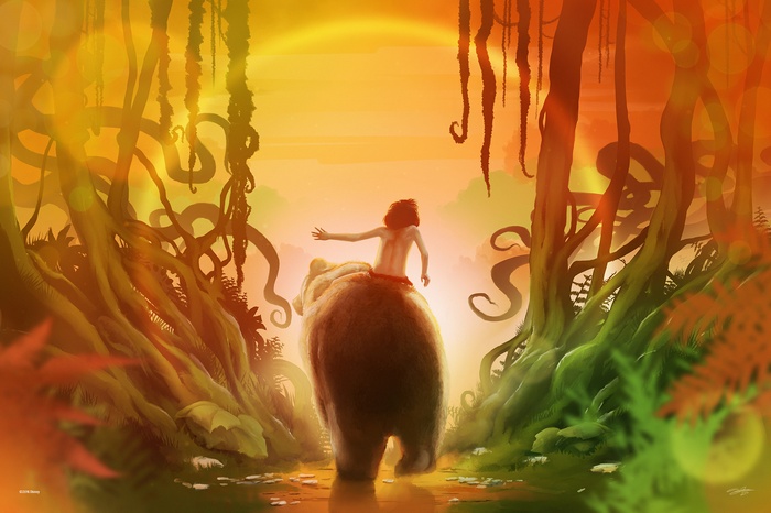 Mowgli riding Baloo through a jungle