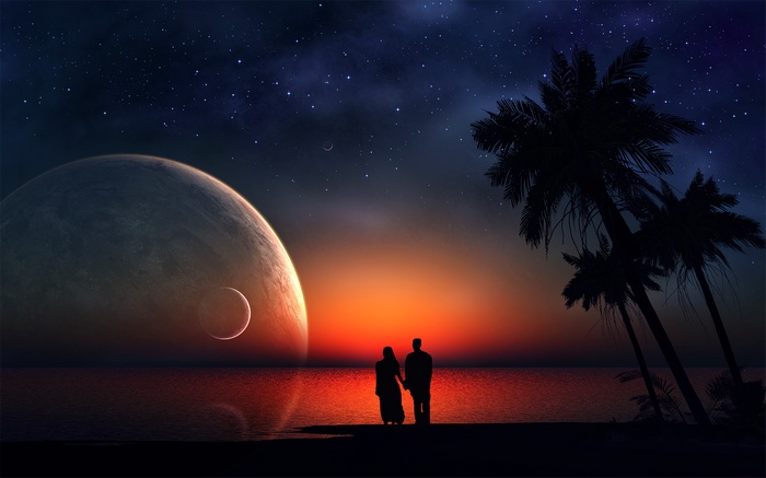 Couple Holding Hands Under Starry Sky and Giant Moon