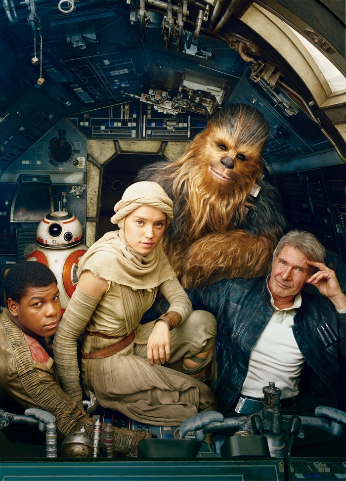 Finn, Rey, Han Solo, Chewbacca, and BB-8 from Star Wars