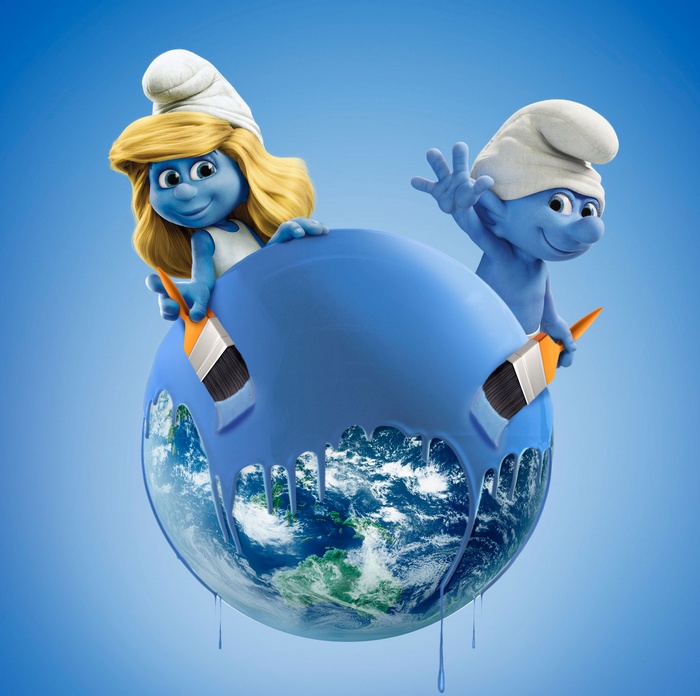 Smurfette and a Smurf painting the Earth blue