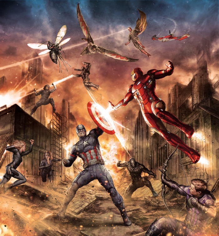 Avengers fighting in a city during Civil War