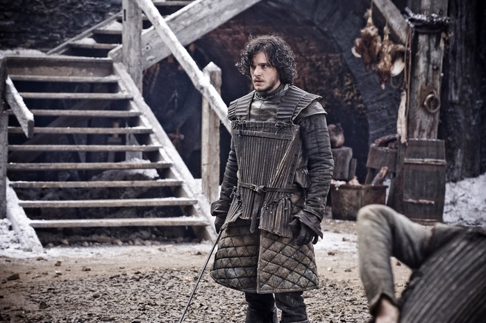Jon Snow from Game of Thrones in a snowy village