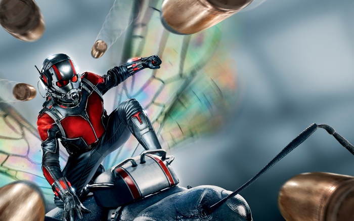 Ant-Man riding an ant with bullets flying