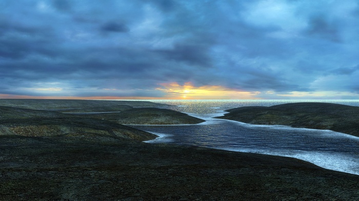 Dark clouds over a rocky landscape and a body of water at sunset