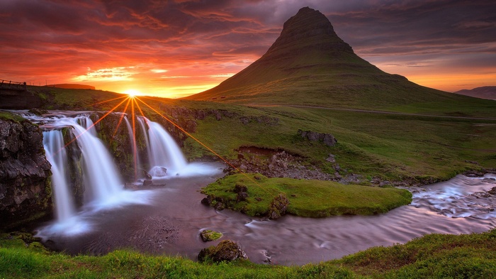 Kirkjufell mountain and waterfall at sunset