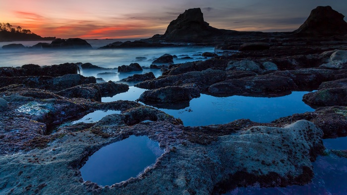 Rocky coastline with tide pools at sunset