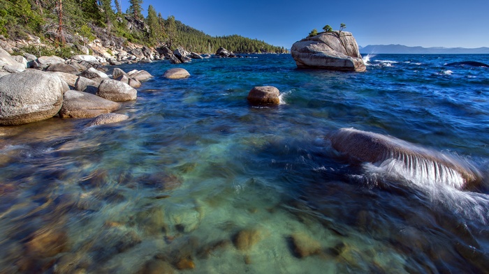 Rocky Lake Shore with Clear Blue Water and Pine Trees