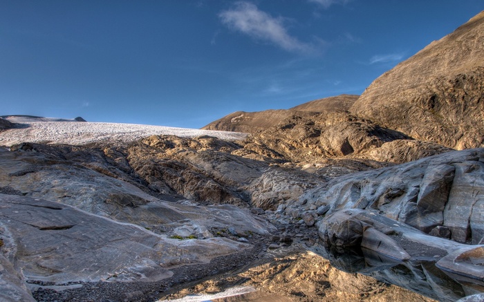 Glacier and rocky mountains with reflection pool
