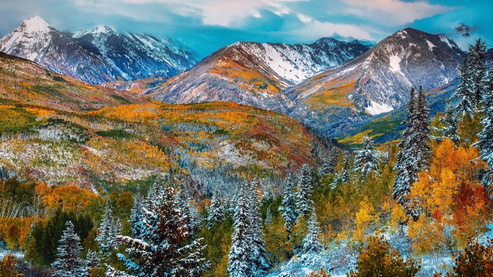 Snow-dusted mountains and autumn trees