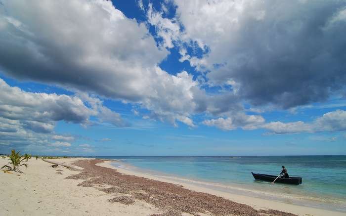 Man rowing a boat on a tropical beach