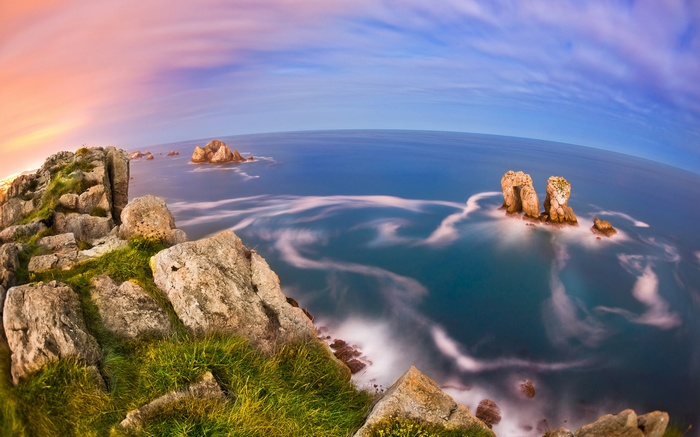 Rocky coast with sea stacks at sunset