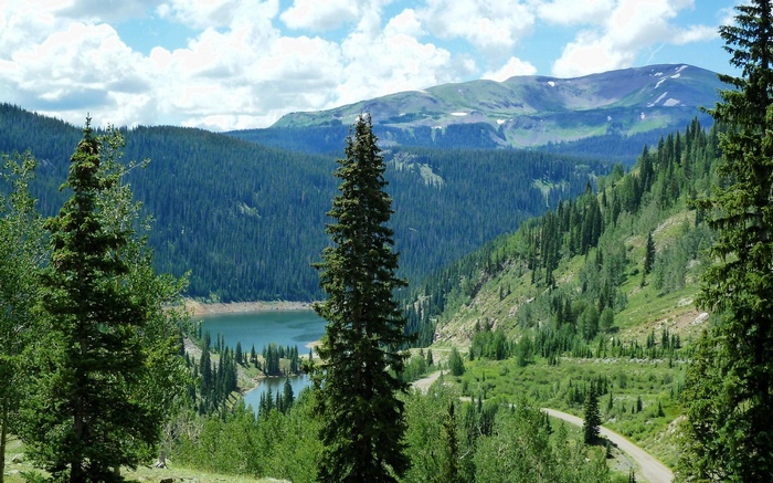 Mountain lake surrounded by evergreen forests and mountains