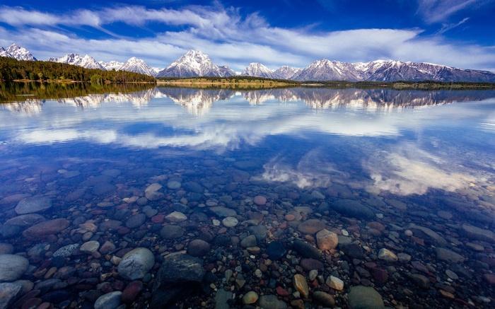 Snow-capped mountains reflected in a clear lake