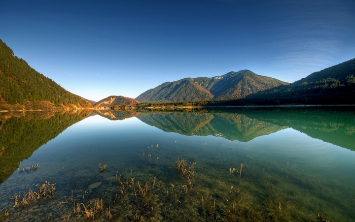 Mountain lake reflection with clear blue sky
