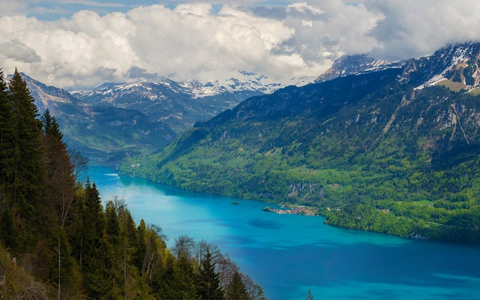 Turquoise lake surrounded by green mountains and snowy peaks