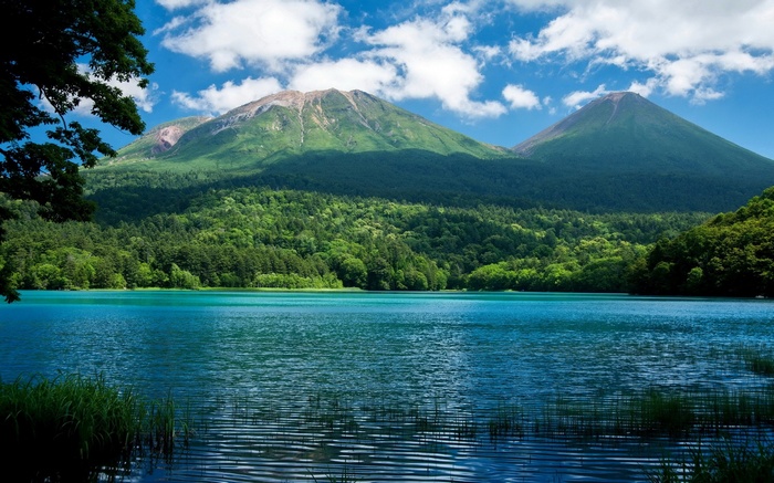 Turquoise lake with green forested mountains and sky
